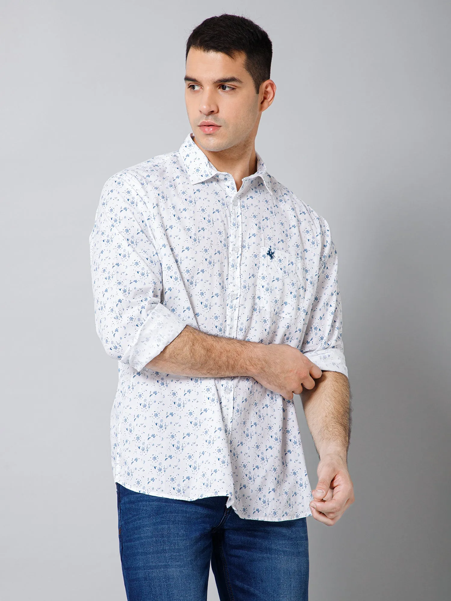 Men's White  Casual Floral Print Full Sleeve Shirt