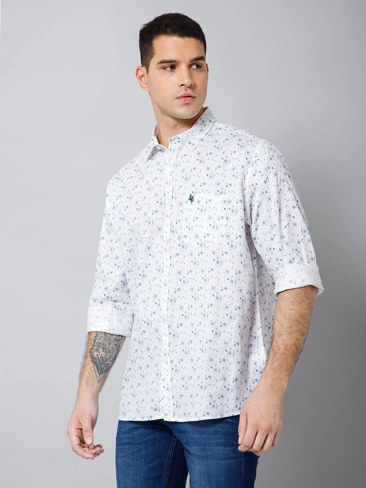 Men's White  Casual Floral Print Full Sleeve Shirt