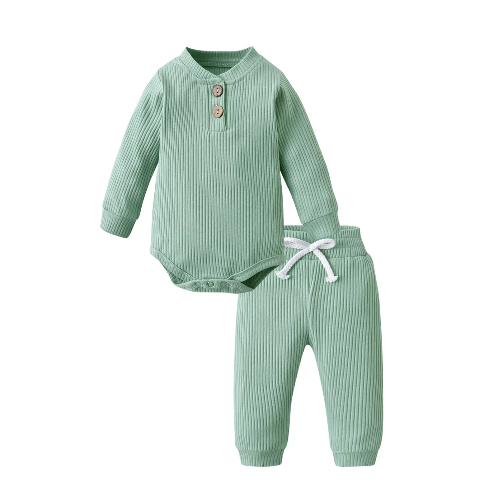 Newborn Baby Boys Girls Clothes Set Cotton Solid Knitted Ribbed Long Sleeve Bodysuit and Pants Infant Clothig Outfits