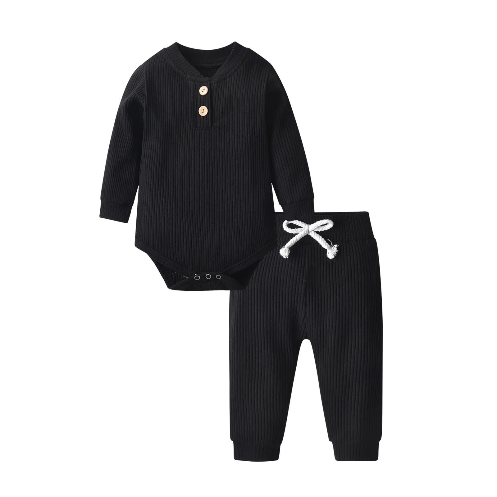 Newborn Baby Boys Girls Clothes Set Cotton Solid Knitted Ribbed Long Sleeve Bodysuit and Pants Infant Clothig Outfits
