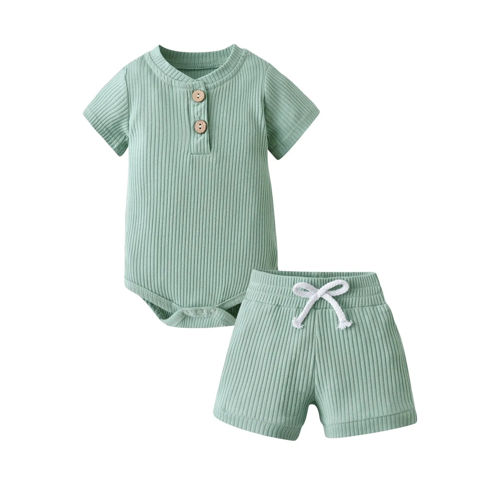 Newborn Baby Boys Girls Clothes Set Cotton Solid Knitted Ribbed Long Sleeve Bodysuit and Pants Infant Clothig Outfits