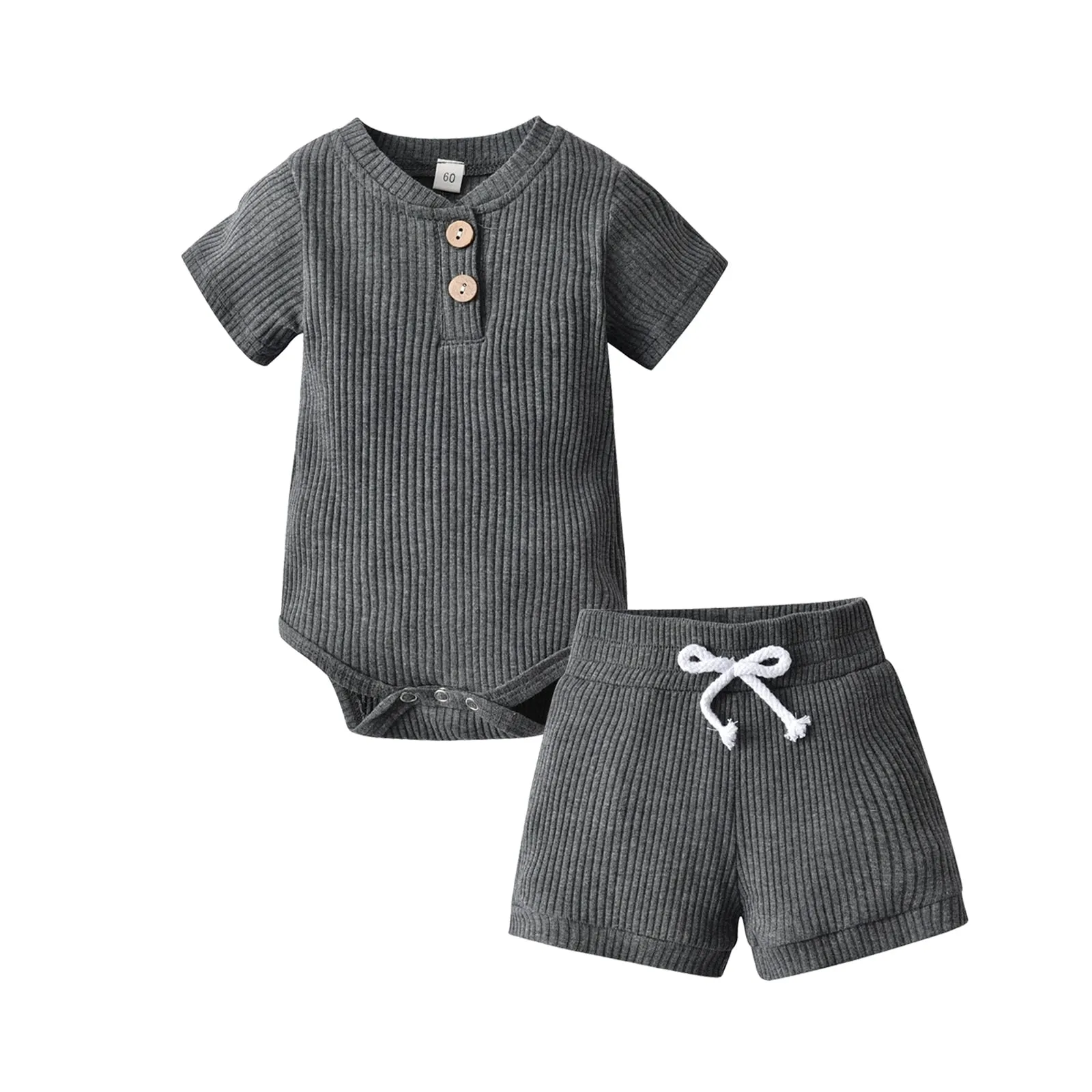 Newborn Baby Boys Girls Clothes Set Cotton Solid Knitted Ribbed Long Sleeve Bodysuit and Pants Infant Clothig Outfits