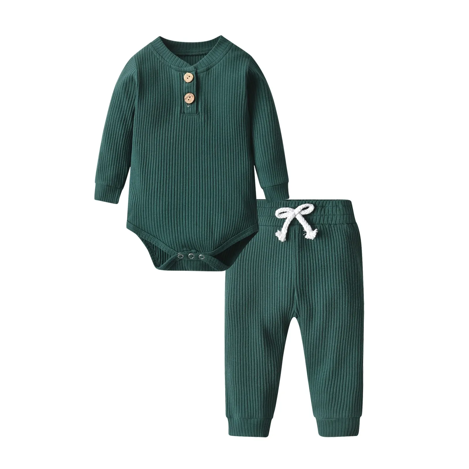 Newborn Baby Boys Girls Clothes Set Cotton Solid Knitted Ribbed Long Sleeve Bodysuit and Pants Infant Clothig Outfits