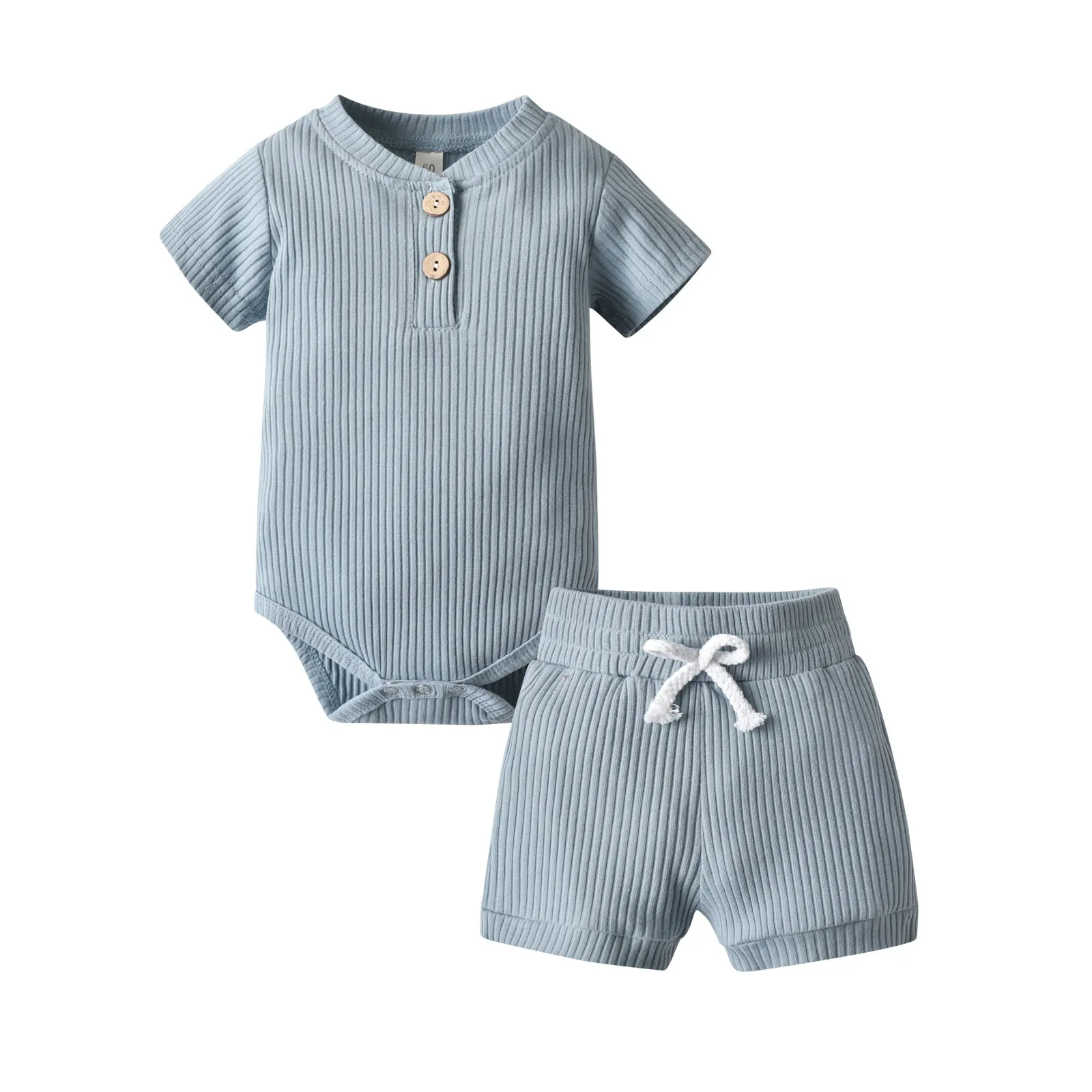 Newborn Baby Boys Girls Clothes Set Cotton Solid Knitted Ribbed Long Sleeve Bodysuit and Pants Infant Clothig Outfits