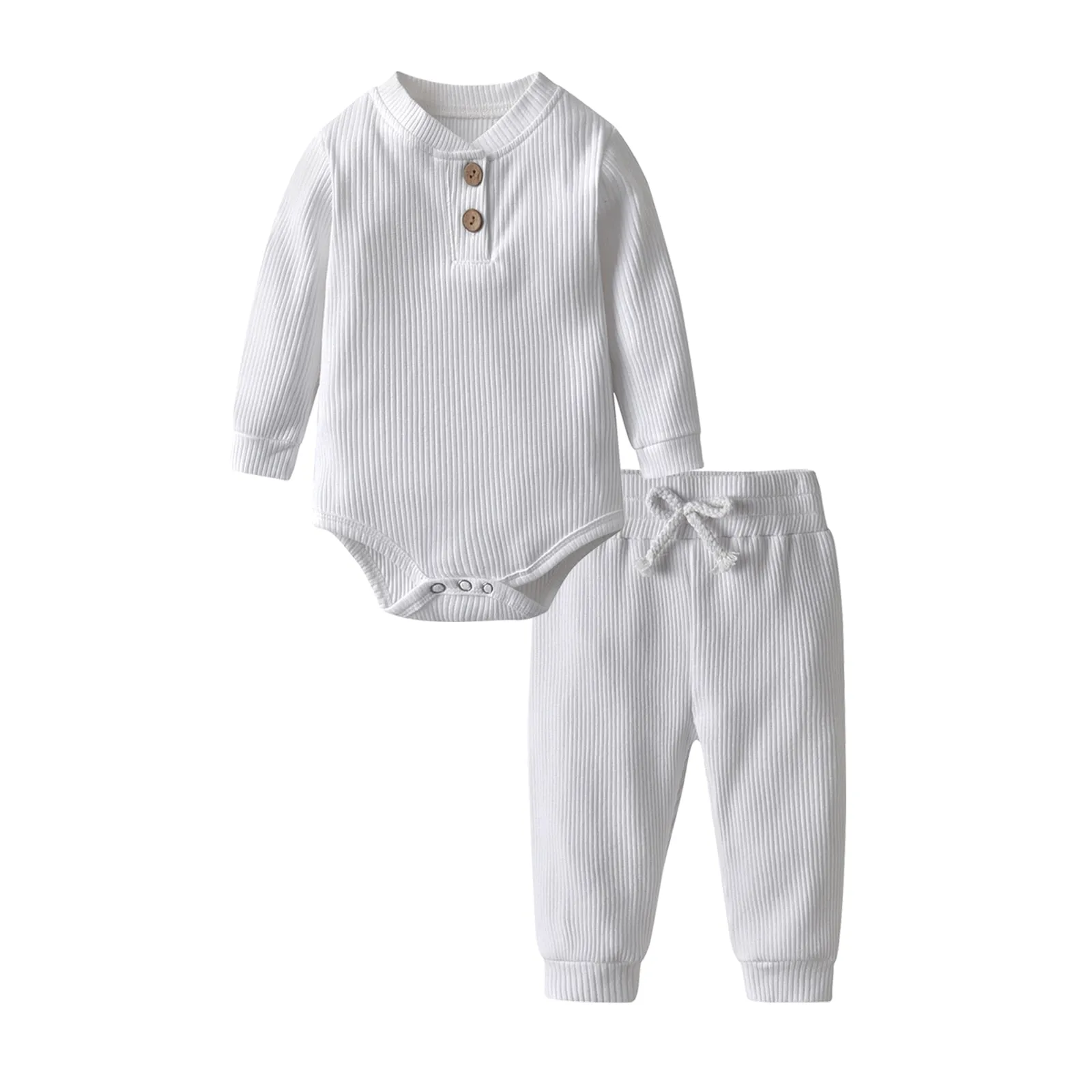 Newborn Baby Boys Girls Clothes Set Cotton Solid Knitted Ribbed Long Sleeve Bodysuit and Pants Infant Clothig Outfits