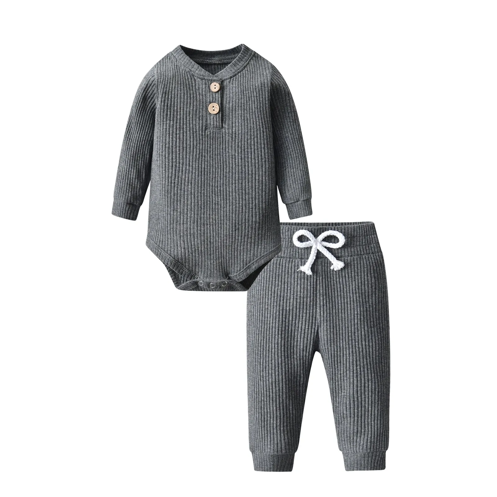 Newborn Baby Boys Girls Clothes Set Cotton Solid Knitted Ribbed Long Sleeve Bodysuit and Pants Infant Clothig Outfits