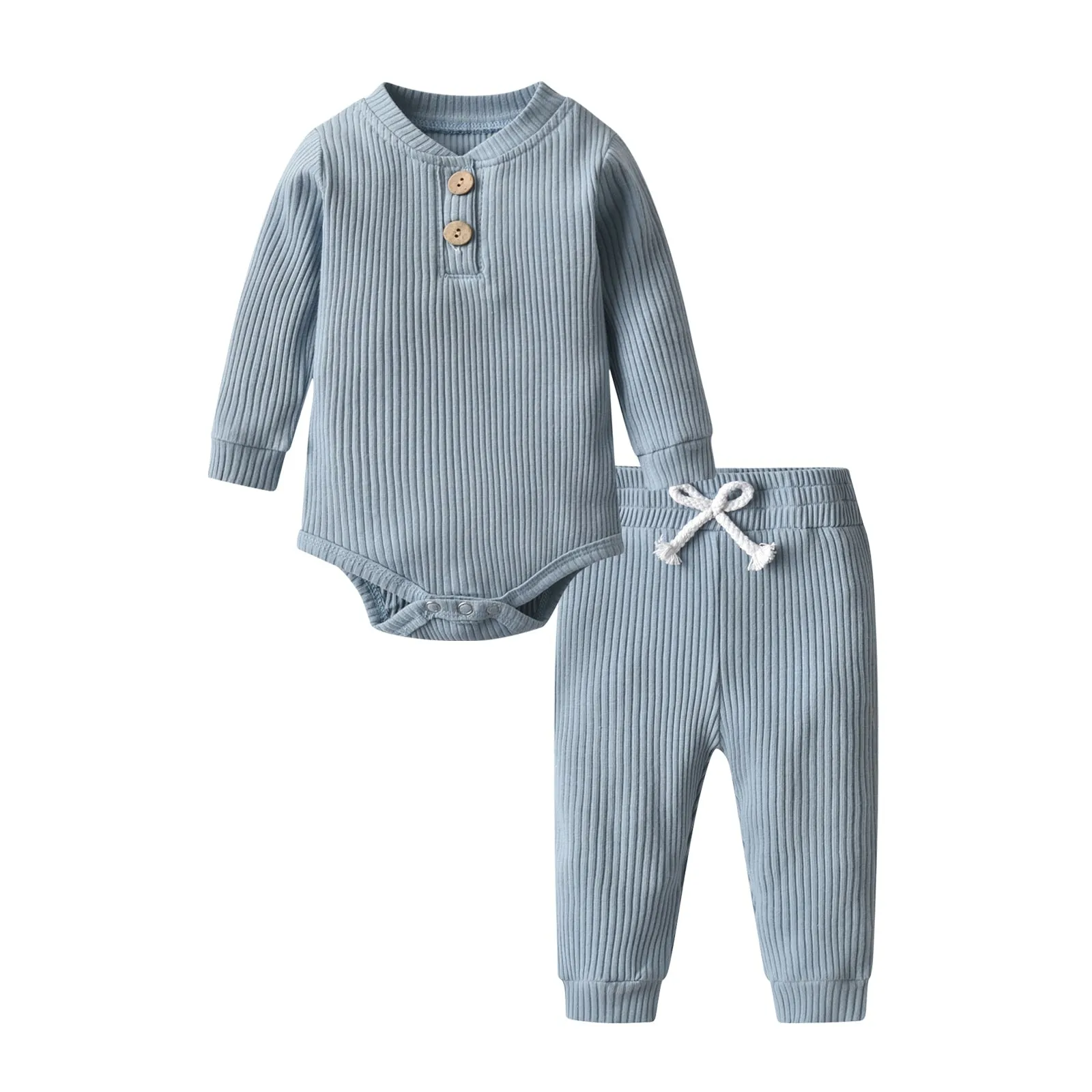Newborn Baby Boys Girls Clothes Set Cotton Solid Knitted Ribbed Long Sleeve Bodysuit and Pants Infant Clothig Outfits