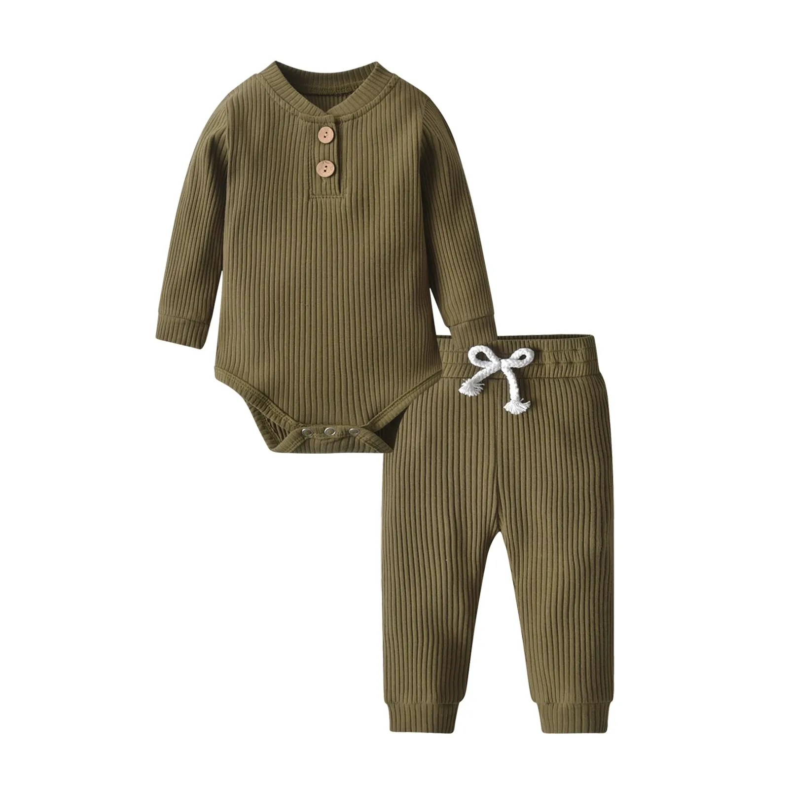 Newborn Baby Boys Girls Clothes Set Cotton Solid Knitted Ribbed Long Sleeve Bodysuit and Pants Infant Clothig Outfits