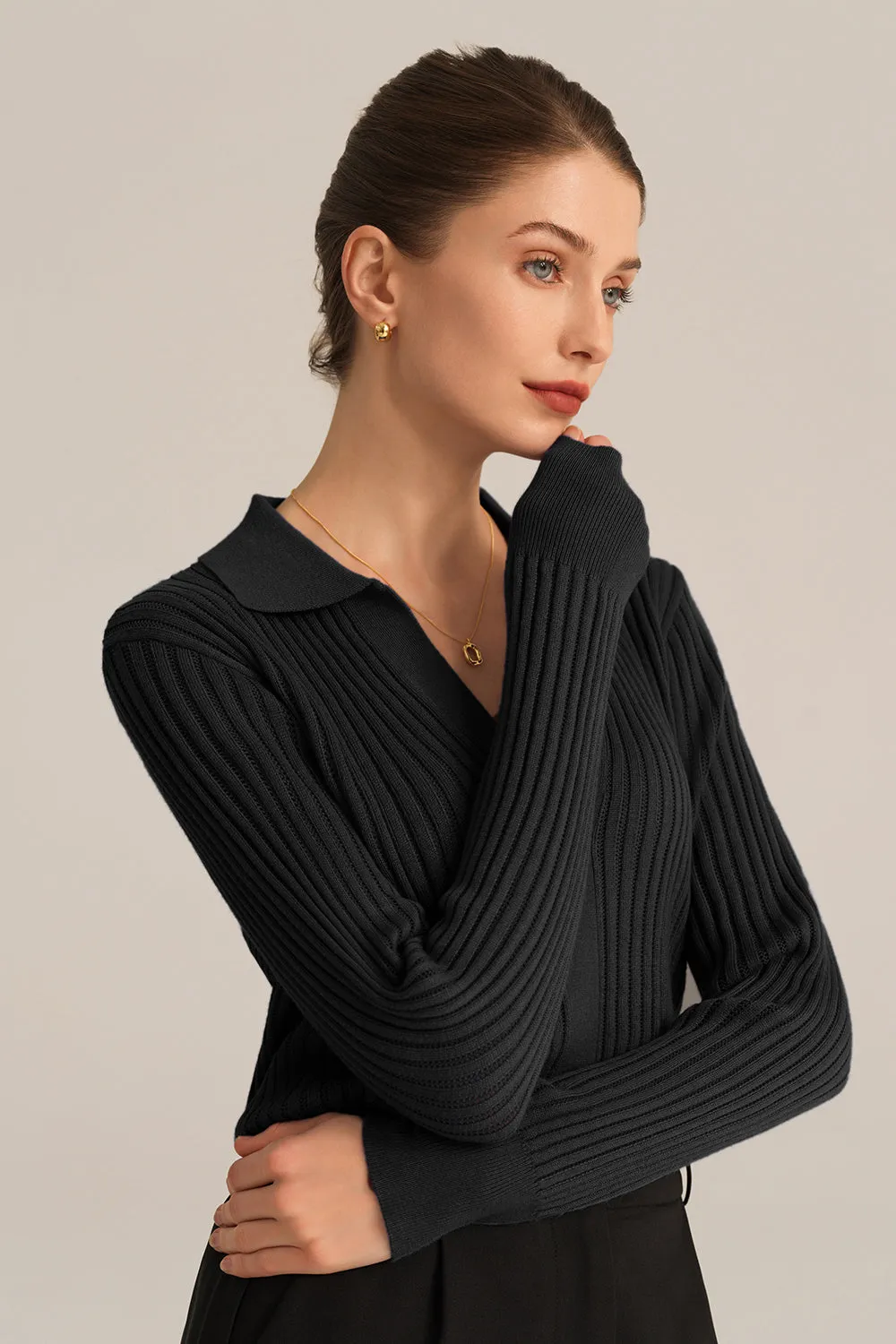 Ribbed V-Neck Long Sleeve Lapel Collar Knitted tops - Black