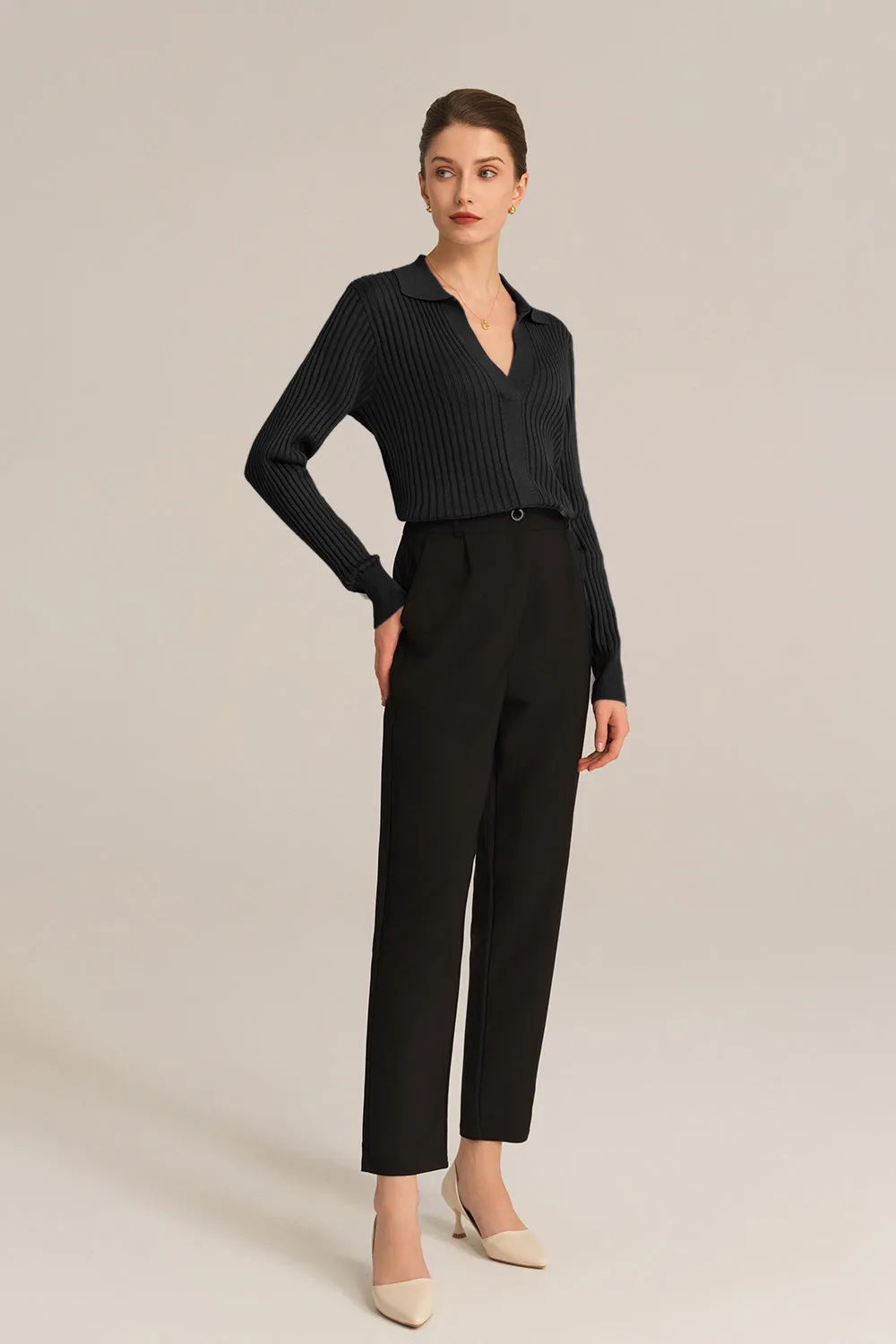 Ribbed V-Neck Long Sleeve Lapel Collar Knitted tops - Black