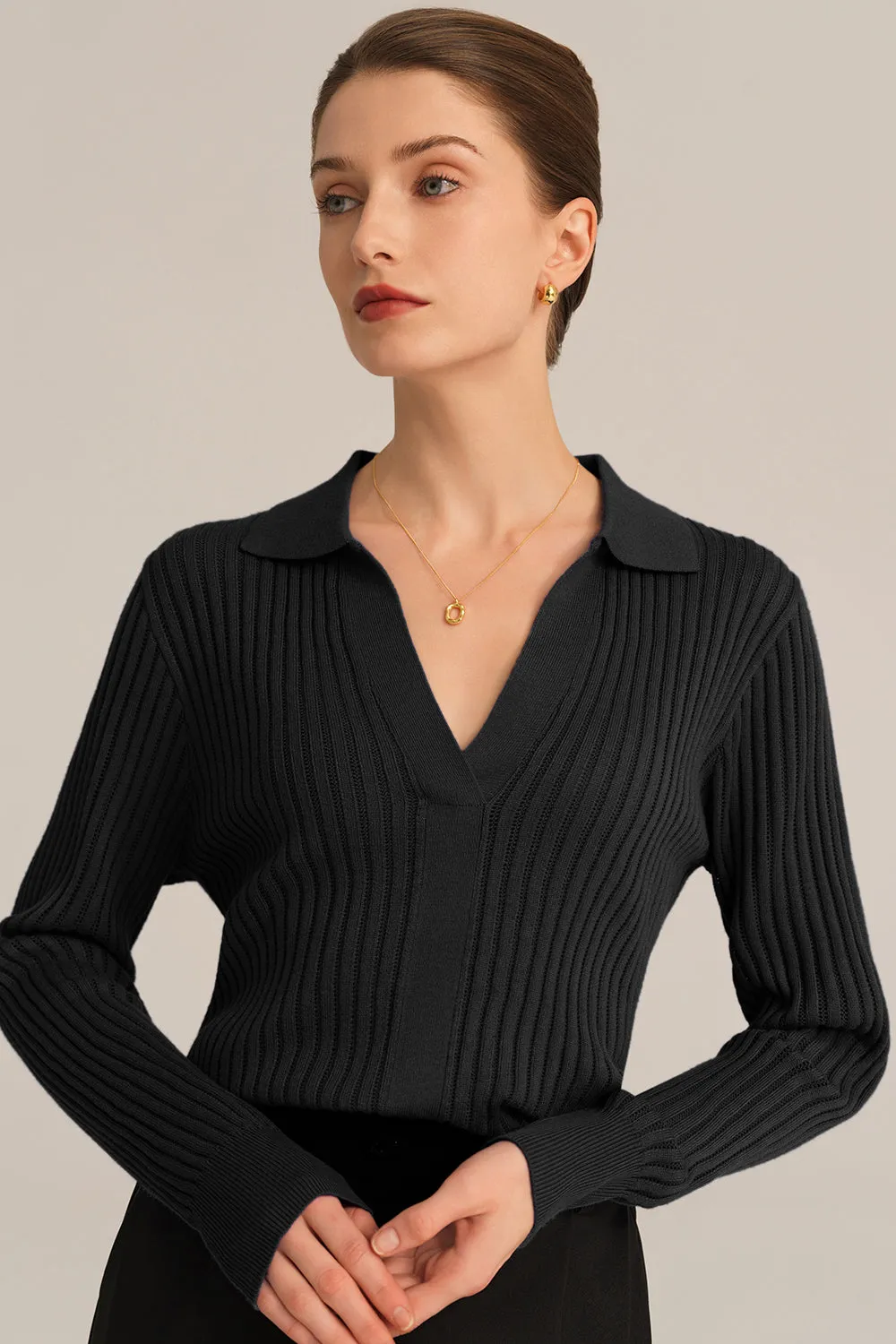 Ribbed V-Neck Long Sleeve Lapel Collar Knitted tops - Black