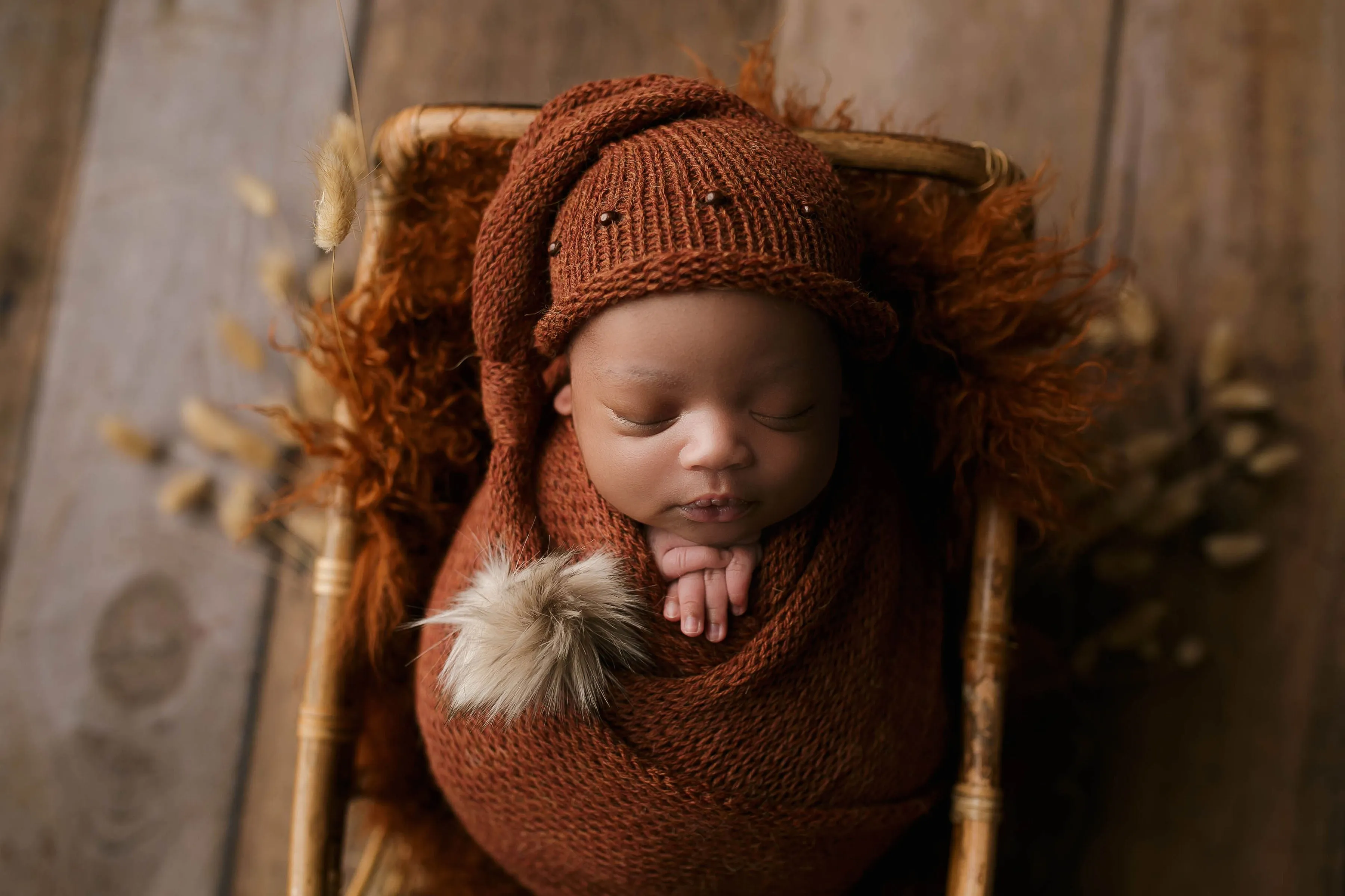 Rust brown, burnt orange, knitted long wrap and hat set, newborn, beads, Made to order