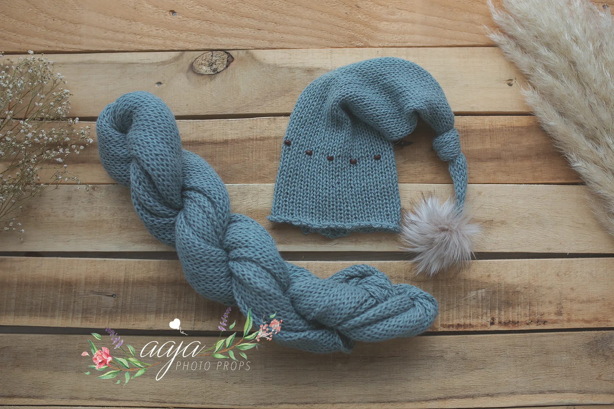 Rust brown, burnt orange, knitted long wrap and hat set, newborn, beads, Made to order