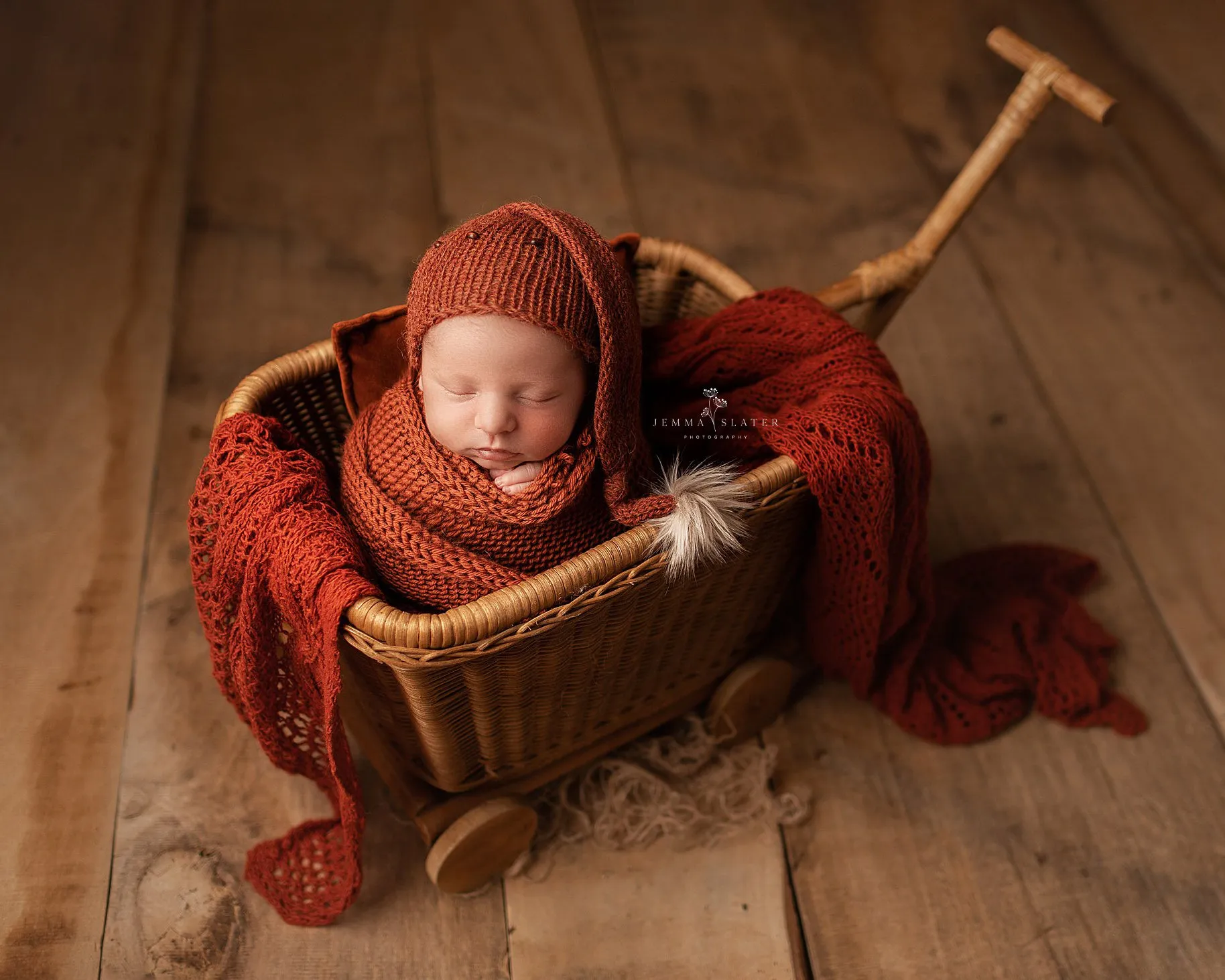Rust brown, burnt orange, knitted long wrap and hat set, newborn, beads, Made to order