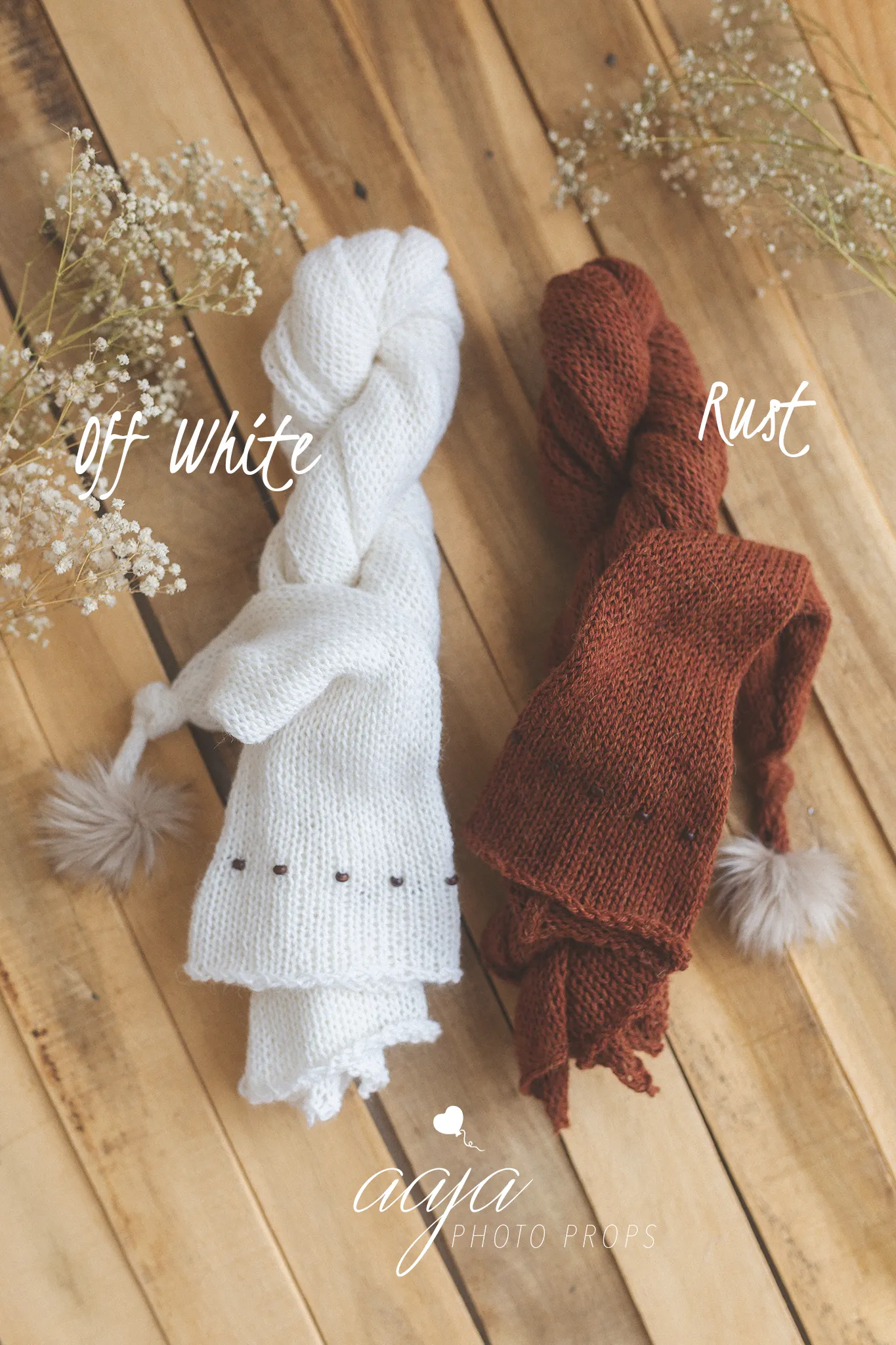 Rust brown, burnt orange, knitted long wrap and hat set, newborn, beads, Made to order