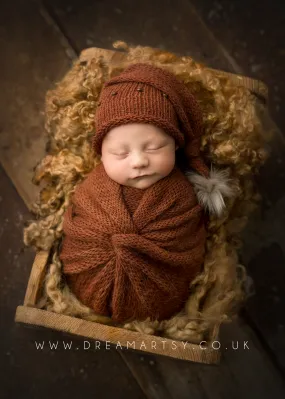 Rust brown, burnt orange, knitted long wrap and hat set, newborn, beads, Made to order