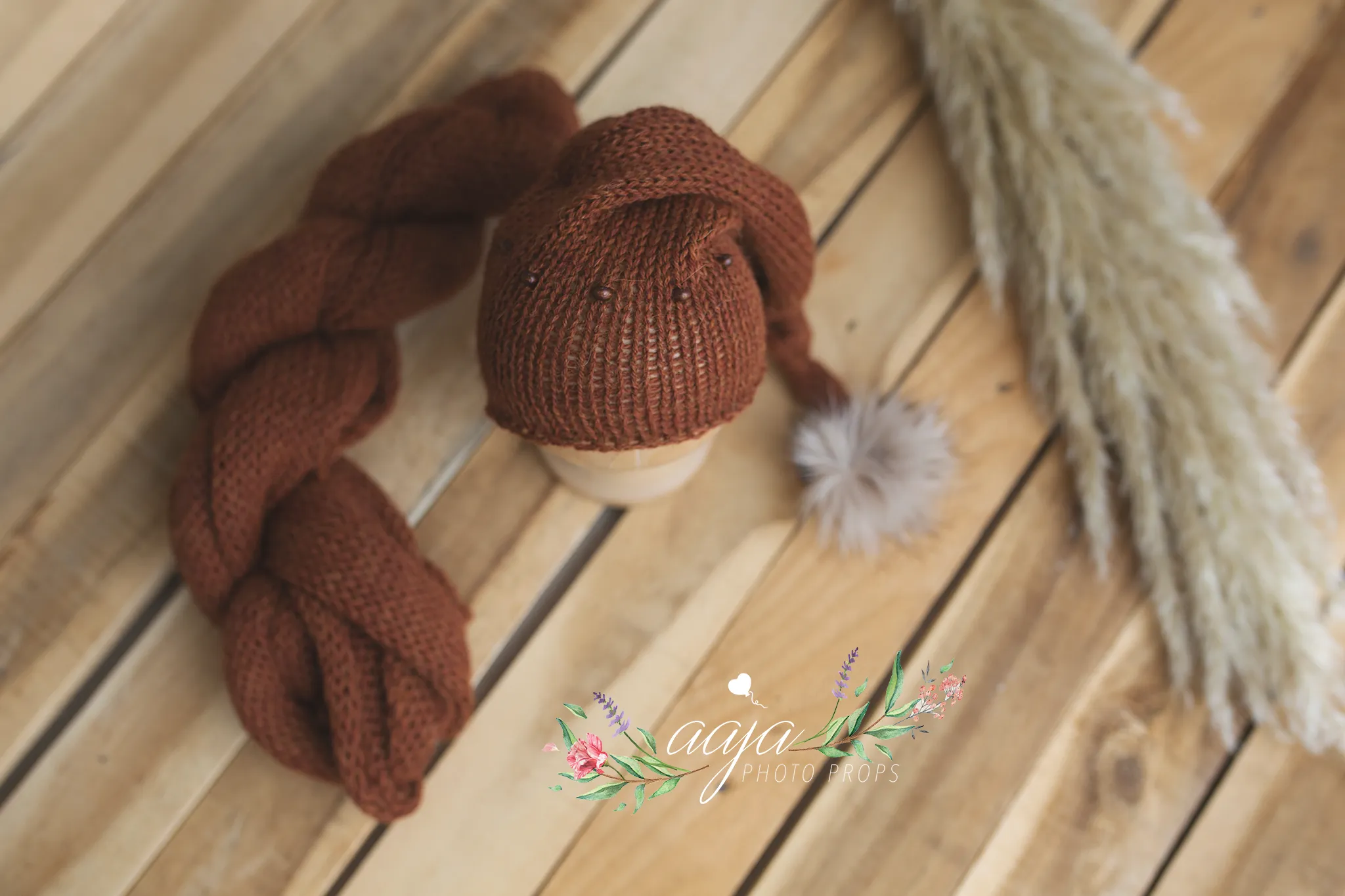 Rust brown, burnt orange, knitted long wrap and hat set, newborn, beads, Made to order