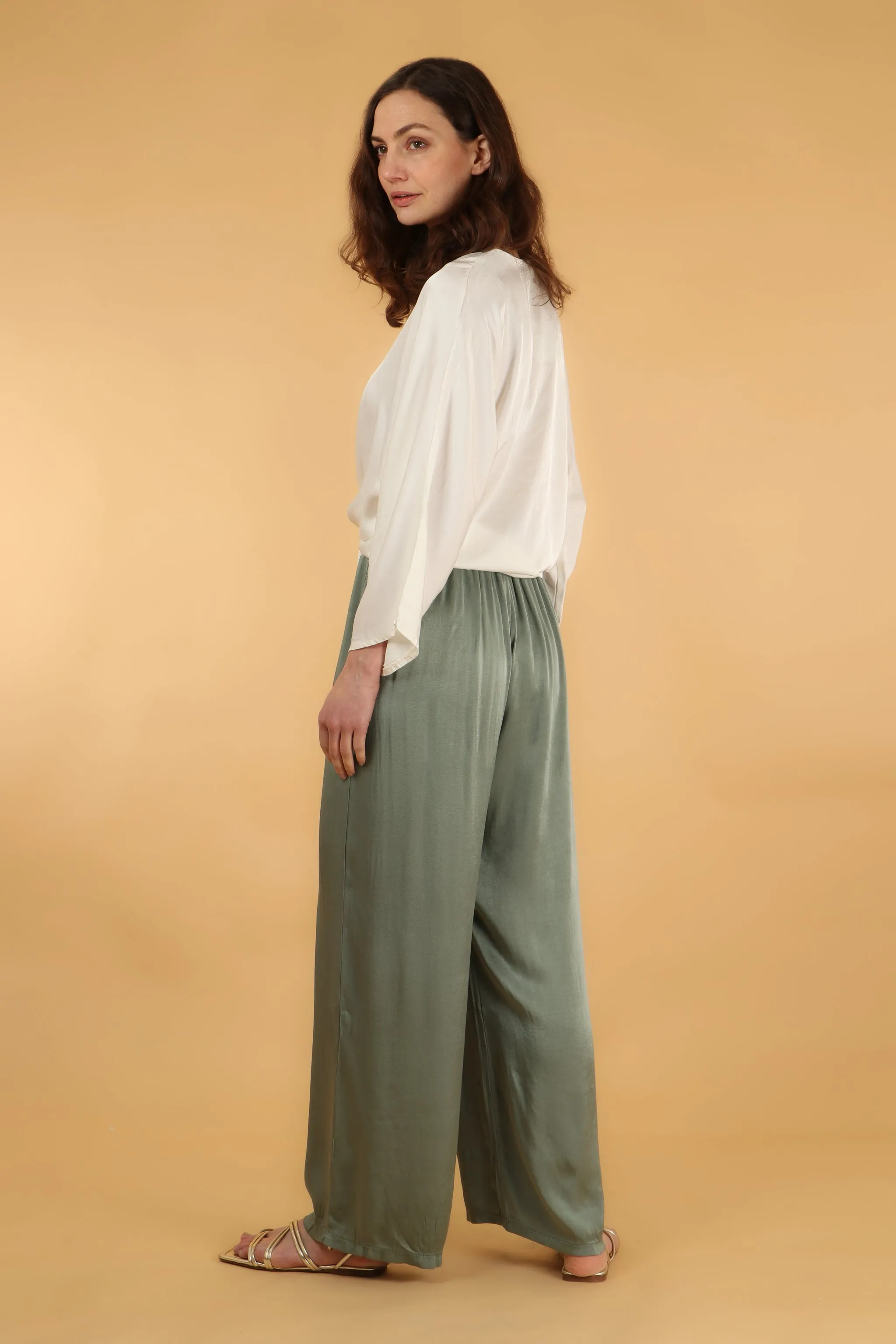 Silk Textured Wide Leg Trouser with Elasticated Waist in Sage Green