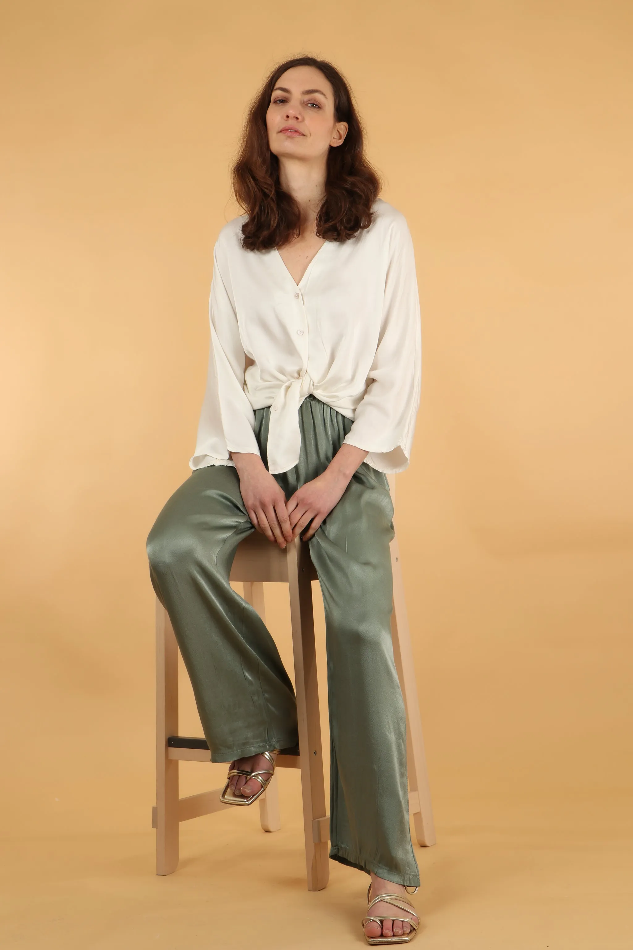 Silk Textured Wide Leg Trouser with Elasticated Waist in Sage Green