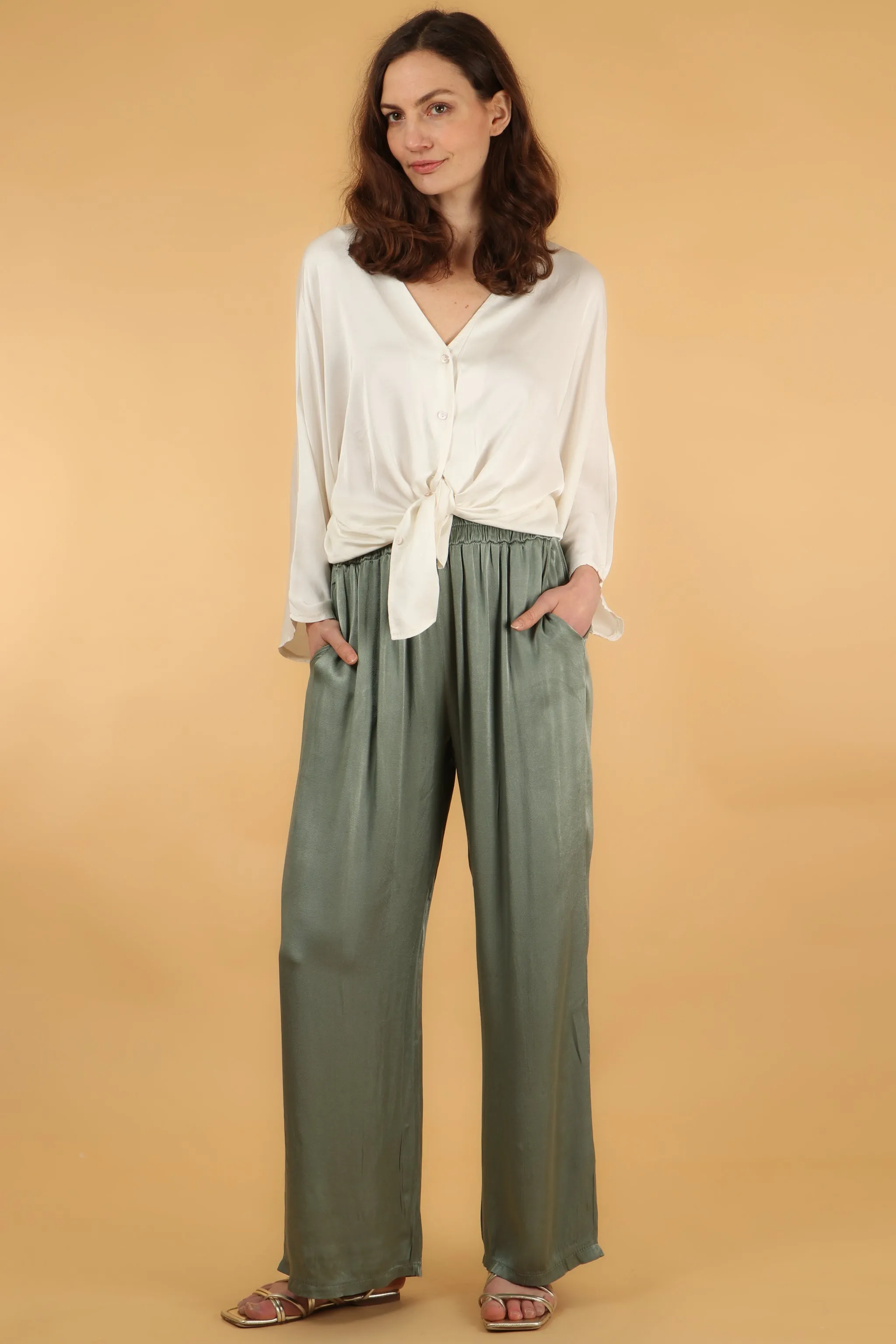 Silk Textured Wide Leg Trouser with Elasticated Waist in Sage Green