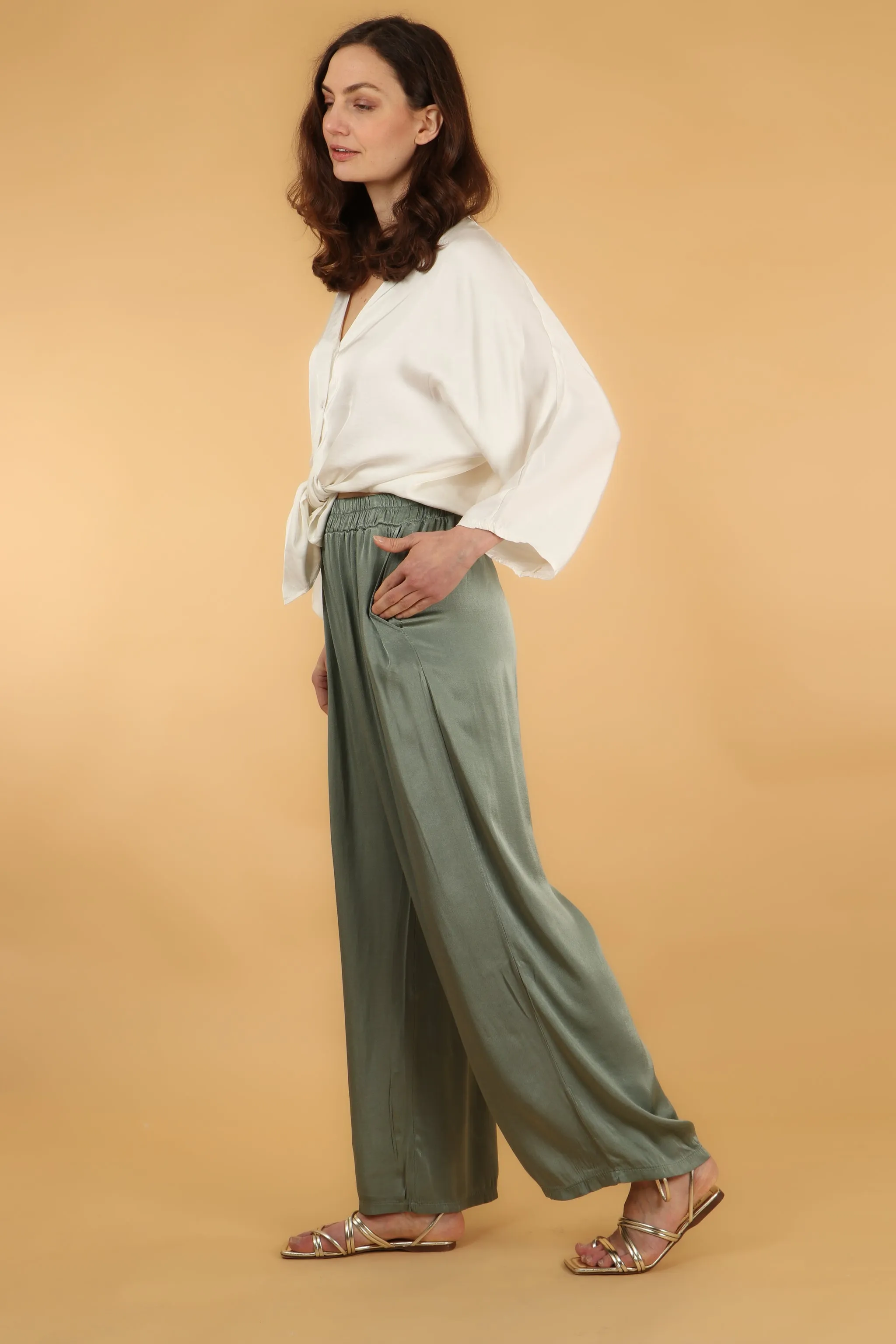 Silk Textured Wide Leg Trouser with Elasticated Waist in Sage Green