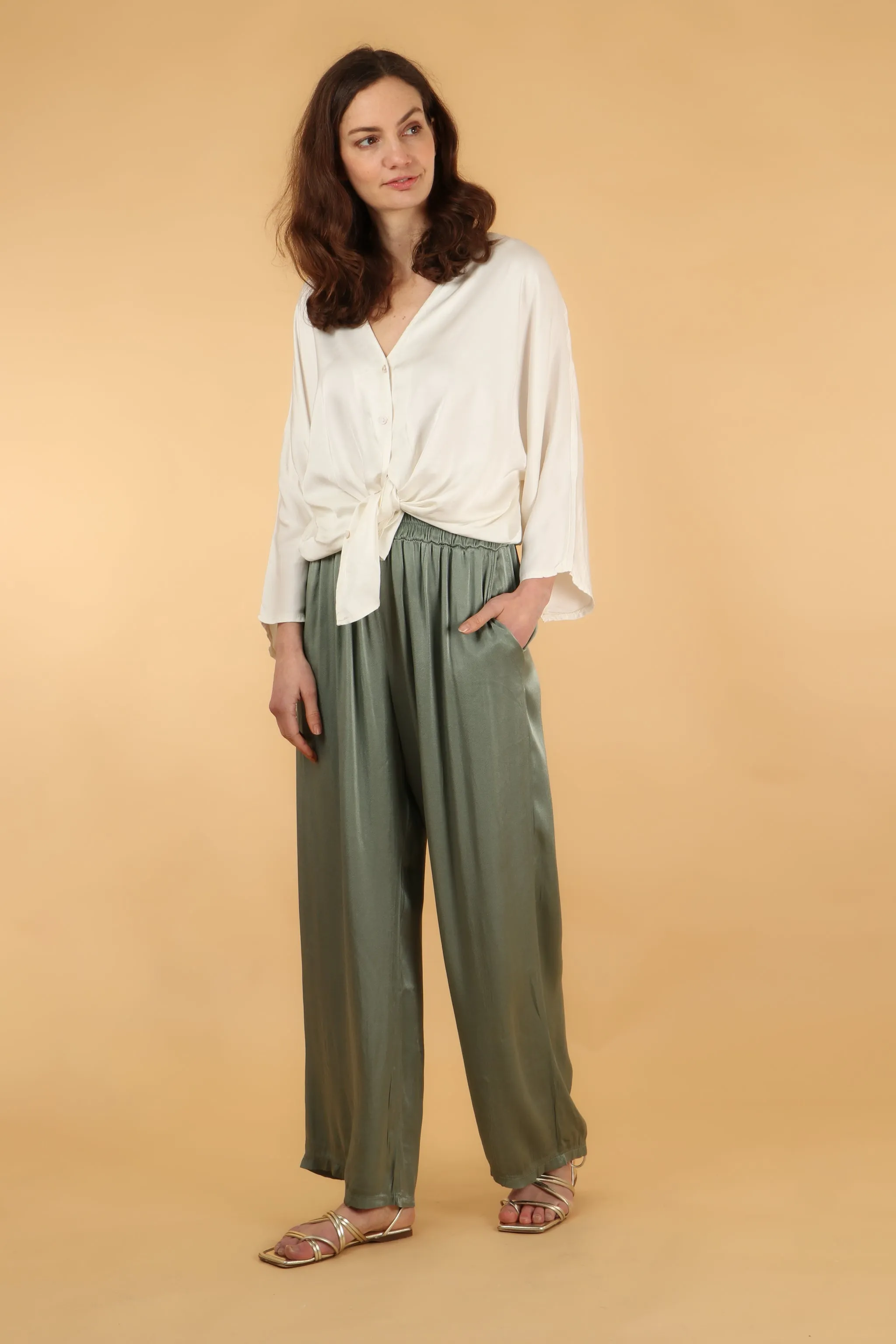 Silk Textured Wide Leg Trouser with Elasticated Waist in Sage Green