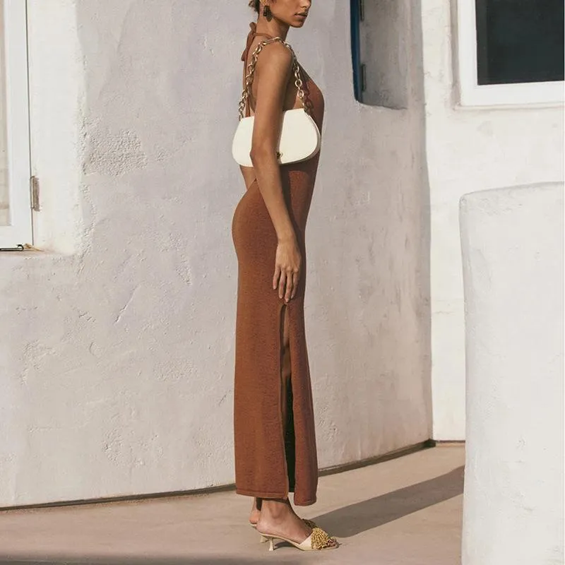 Woman Halter Cut out Backless Knitted Beach Dress