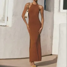 Woman Halter Cut out Backless Knitted Beach Dress