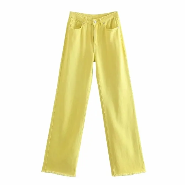 ZA women Slacks candy colors Jeans Mujer full length Wide leg denim pants pocket loose fashion Trousers High waist Pantalon