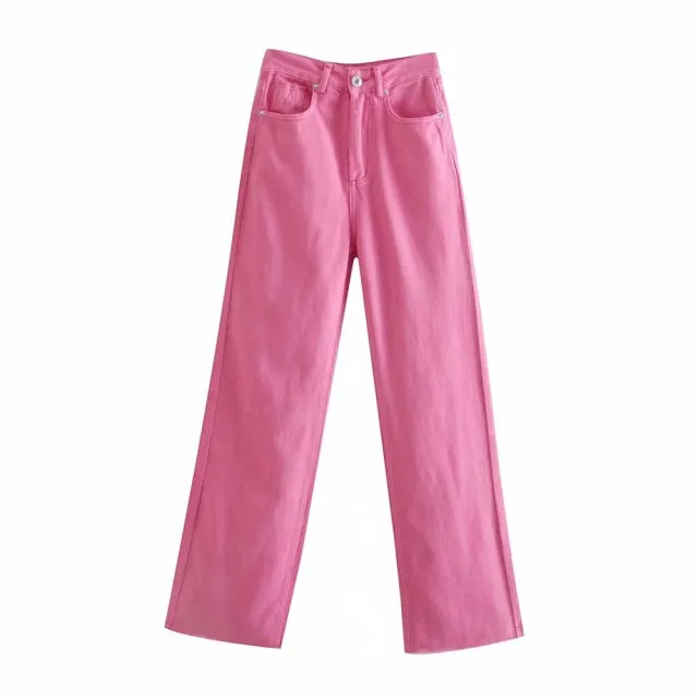 ZA women Slacks candy colors Jeans Mujer full length Wide leg denim pants pocket loose fashion Trousers High waist Pantalon