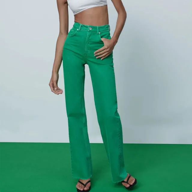 ZA women Slacks candy colors Jeans Mujer full length Wide leg denim pants pocket loose fashion Trousers High waist Pantalon
